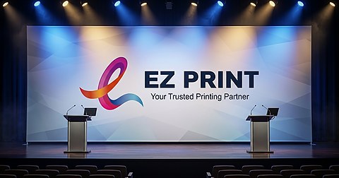 Illustrative large printed event banner with Singapore skyline artwork. Topic example for banner printing; exact options are confirmed by enquiry.