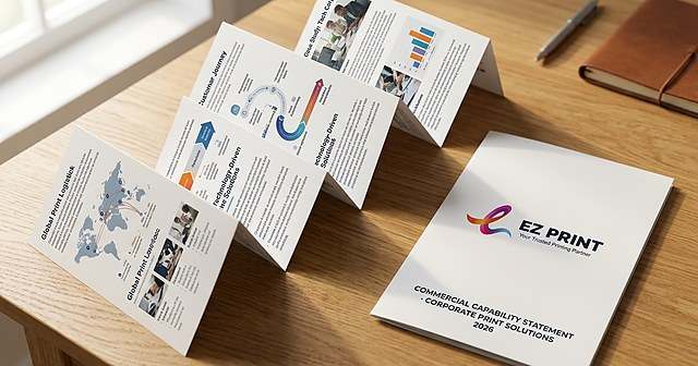 An open tri-fold brochure displaying its three folded panels and reading sequence.
