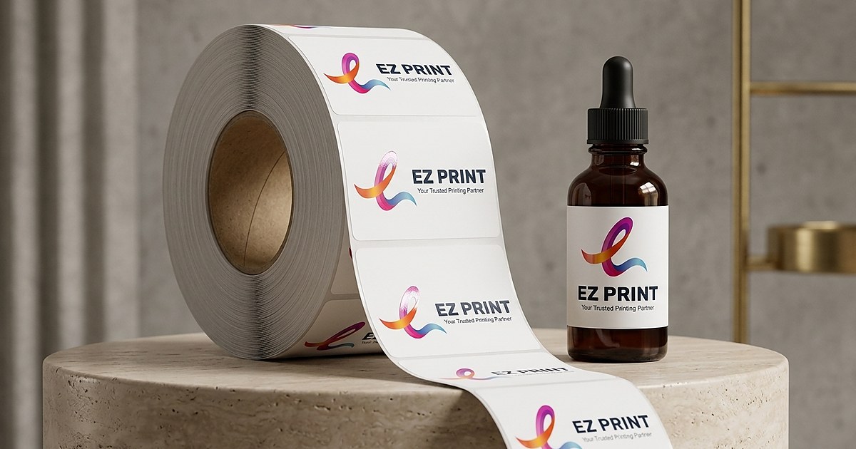 Illustrative rolls of product labels in different shapes and colours.
