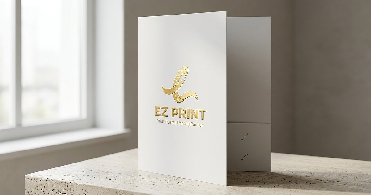Illustration of an open dark grey presentation folder with blank sheets in the right pocket and a blank card held by corner slits.