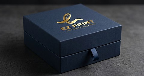 Structural packaging dieline layout template alongside finished matte black and gold foil gift boxes.