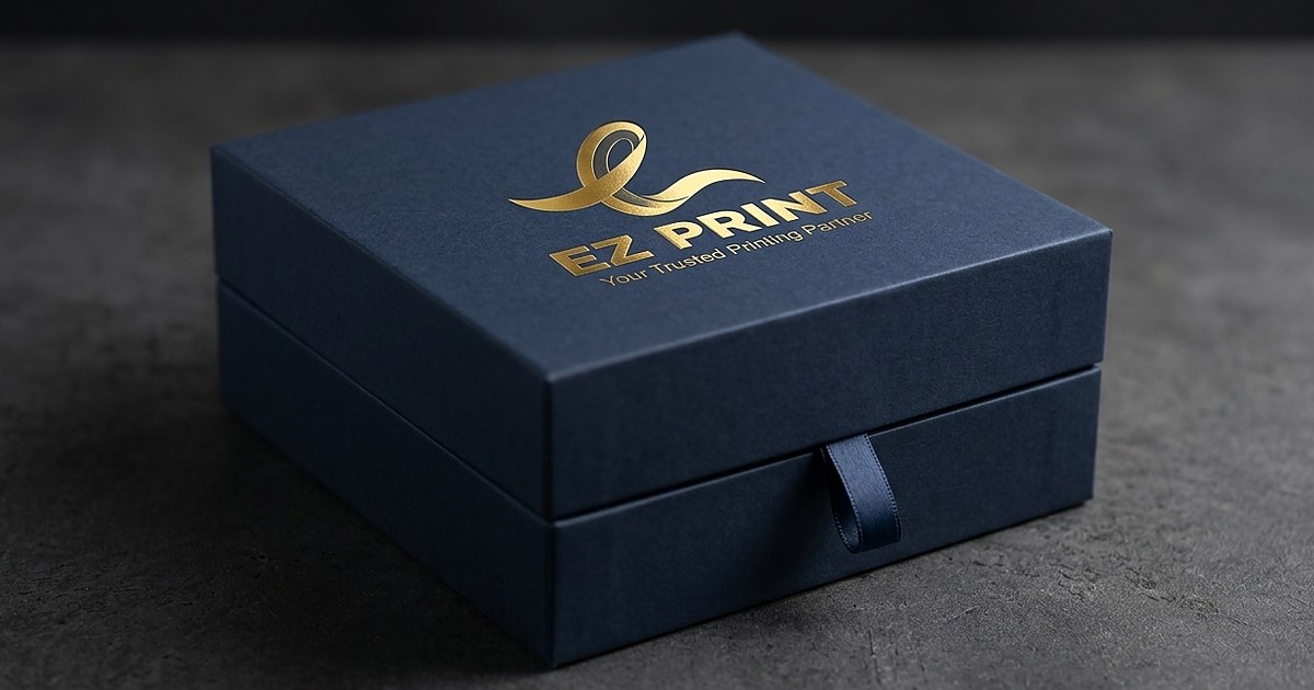 Structural packaging dieline layout template alongside finished matte black and gold foil gift boxes.
