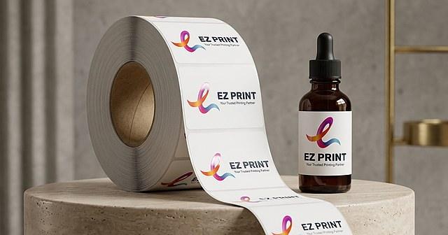 Illustration of a roll of colourful blank-design labels beside a flat sheet of kiss-cut labels with one label peeling.