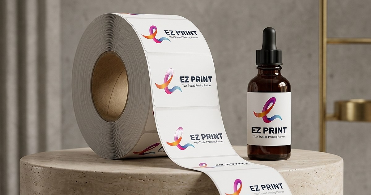 Illustration of a roll of colourful blank-design labels beside a flat sheet of kiss-cut labels with one label peeling.