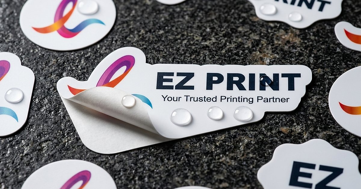 Collection of waterproof vinyl labels, metallic silver foil stickers, and textured kraft product labels.