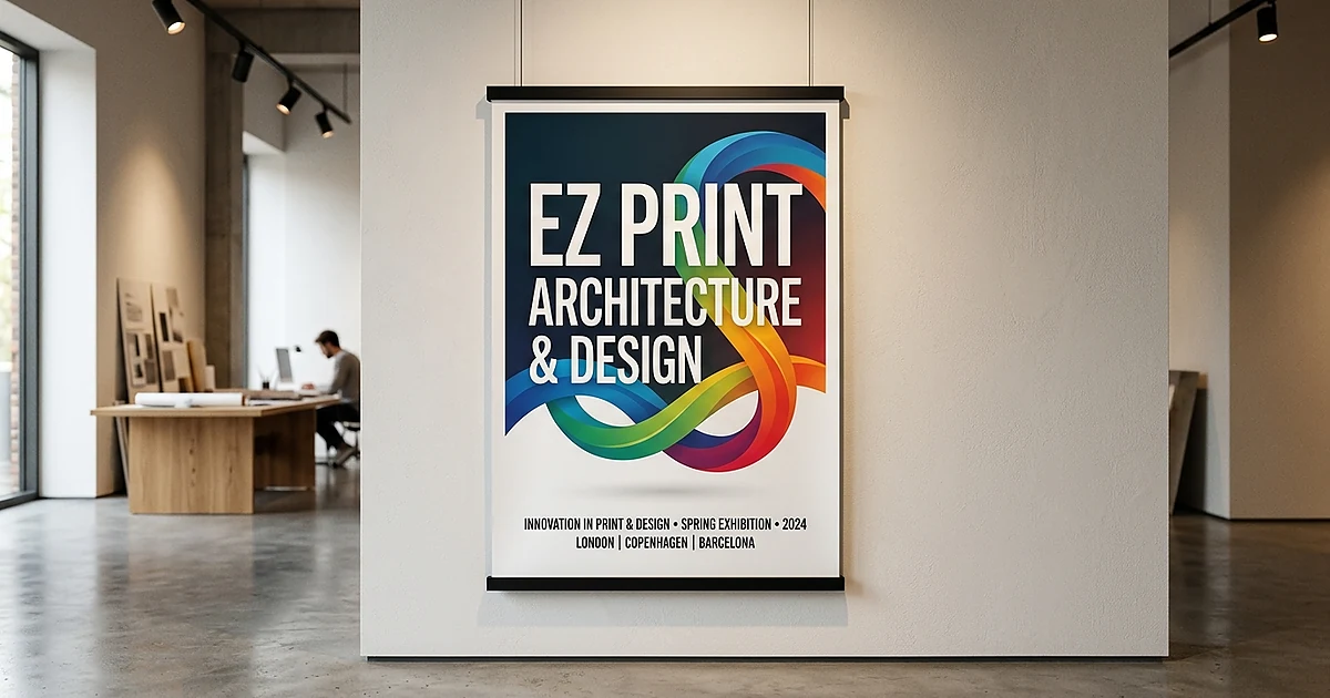 Printed sample of A1 and A2 digital indoor presentation posters on aluminum easel stand.