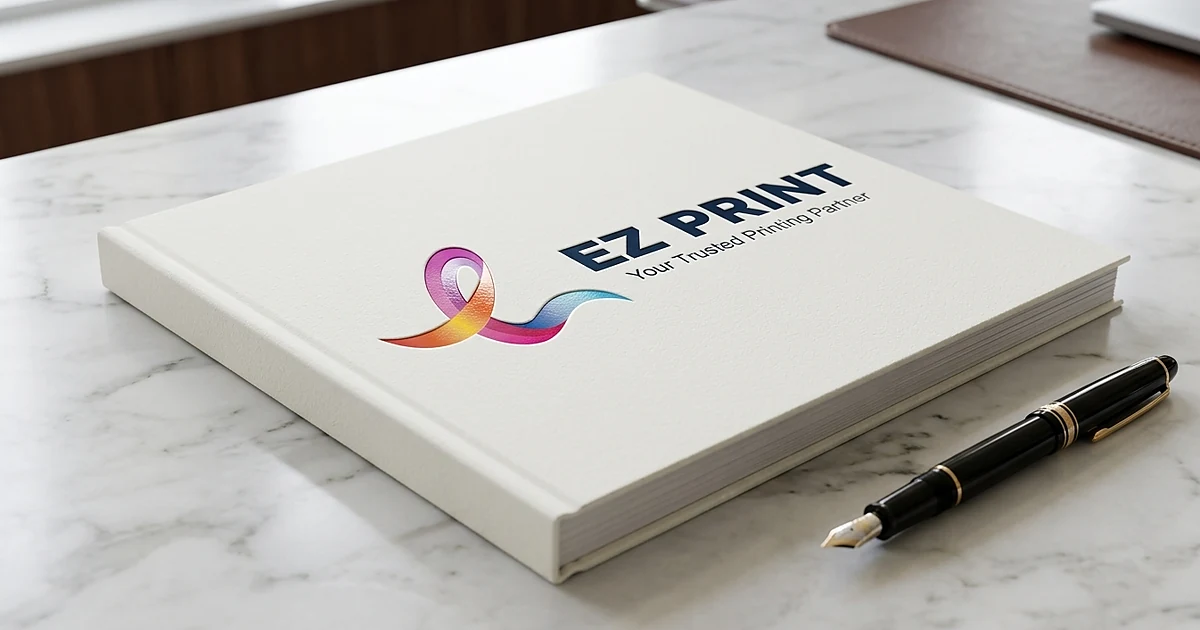 Printed commercial sample of Wire-O bound corporate presentation deck with frosted PVC cover and fountain pen.