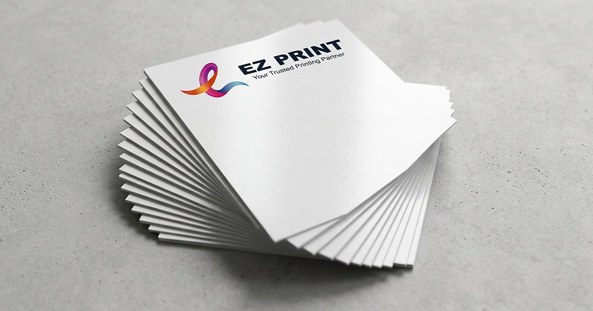 Printed commercial sample of express marketing flyers printed on 157gsm gloss art paper with EZ Print branding.