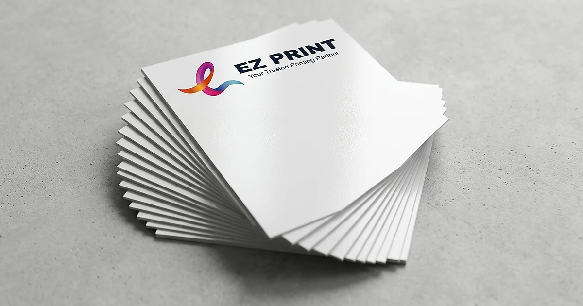 Printed commercial sample of express marketing flyers printed on 157gsm gloss art paper with EZ Print branding.