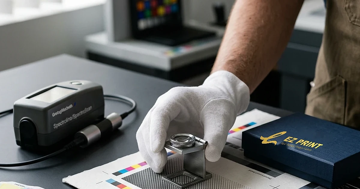 Illustration of hands checking a printed plan drawing on a table.