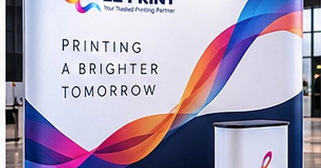 Commercial event display stands including pull-up roller banners and a tension fabric exhibition backdrop.