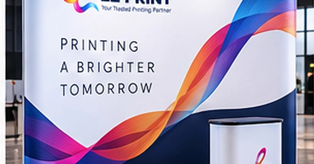 Commercial event display stands including pull-up roller banners and a tension fabric exhibition backdrop.