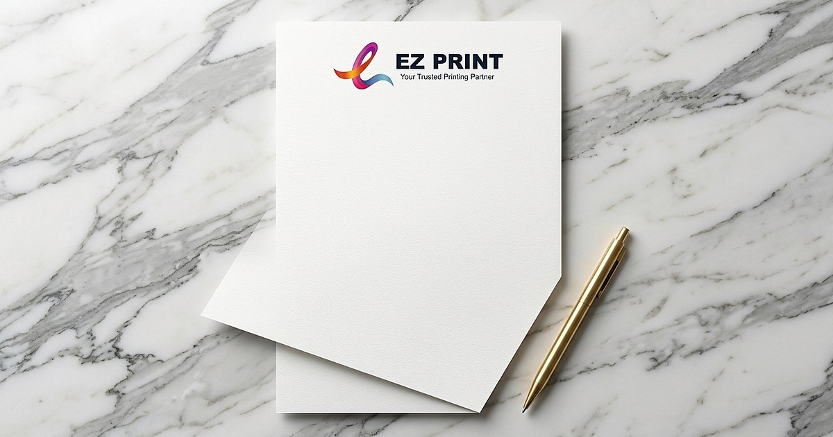 Corporate stationery suite including printed letterhead and envelopes with the EZ Print logo.