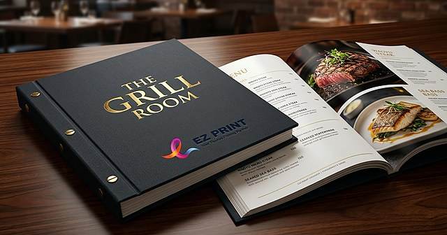 An open hospitality restaurant menu book with printed interior pages.