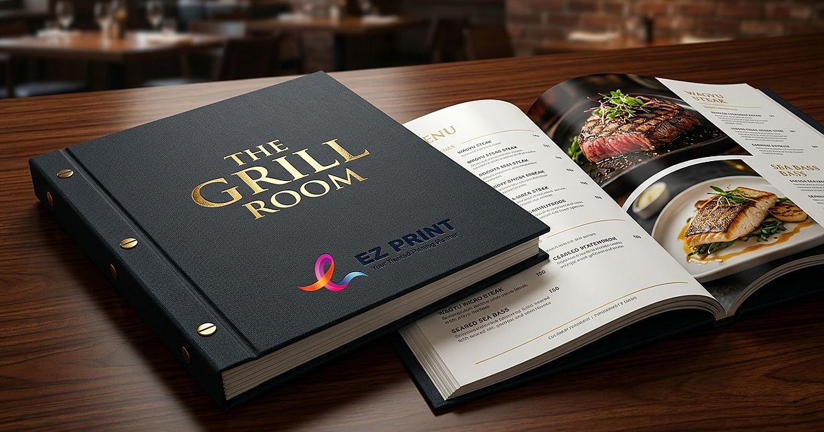 An open hospitality restaurant menu book with printed interior pages.
