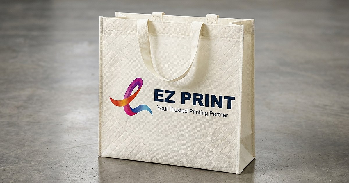 Photograph of a teal non-woven tote bag with matching fabric handles and a plain front print panel, standing on a table.