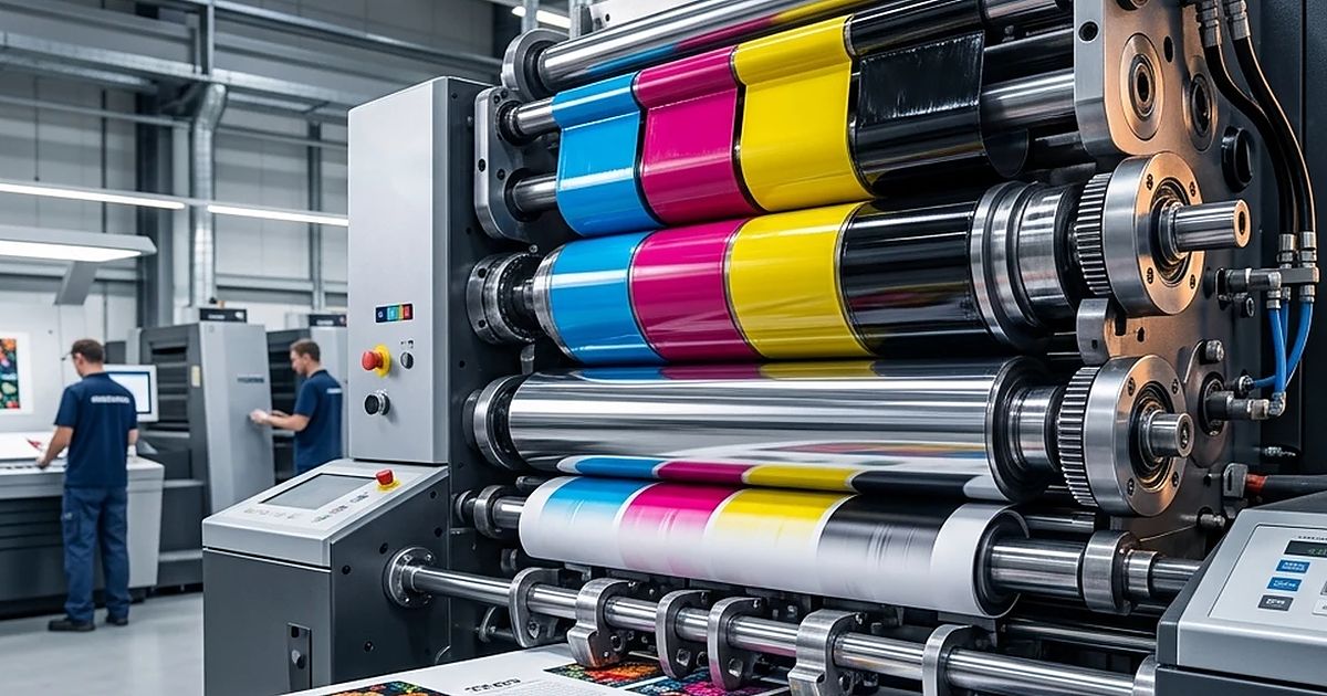 Commercial printing press delivery tray showing CMYK registration marks and ink density bars on fresh press sheets.