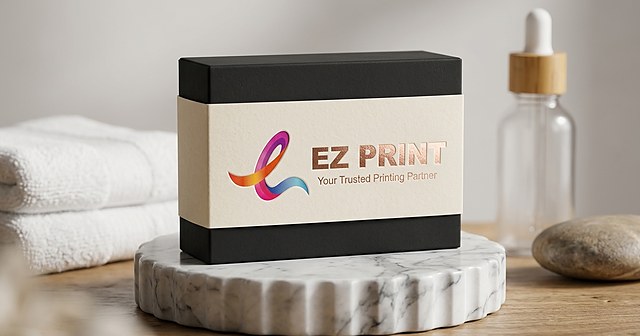 A printed packaging paper sleeve sliding onto a product box with the EZ Print logo.