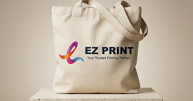 A natural cotton canvas tote bag with printed branding.