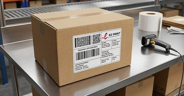 Printed adhesive product labels displaying a scannable QR code and barcode.
