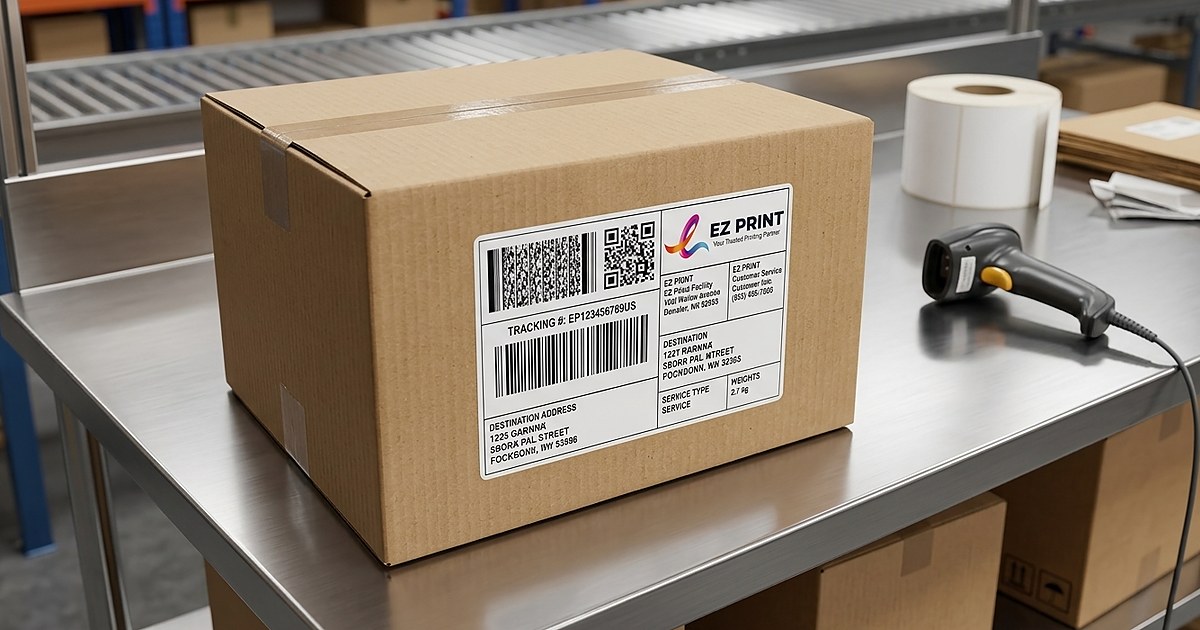 Printed adhesive product labels displaying a scannable QR code and barcode.