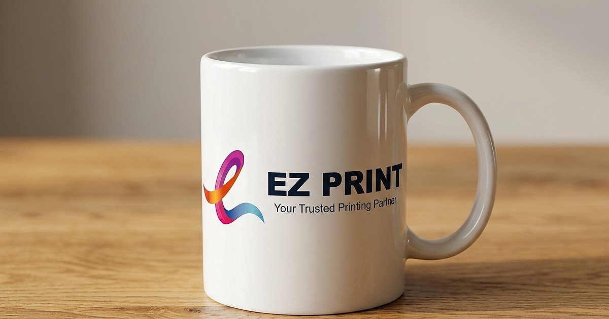 A ceramic promotional mug with printed corporate wrap branding.