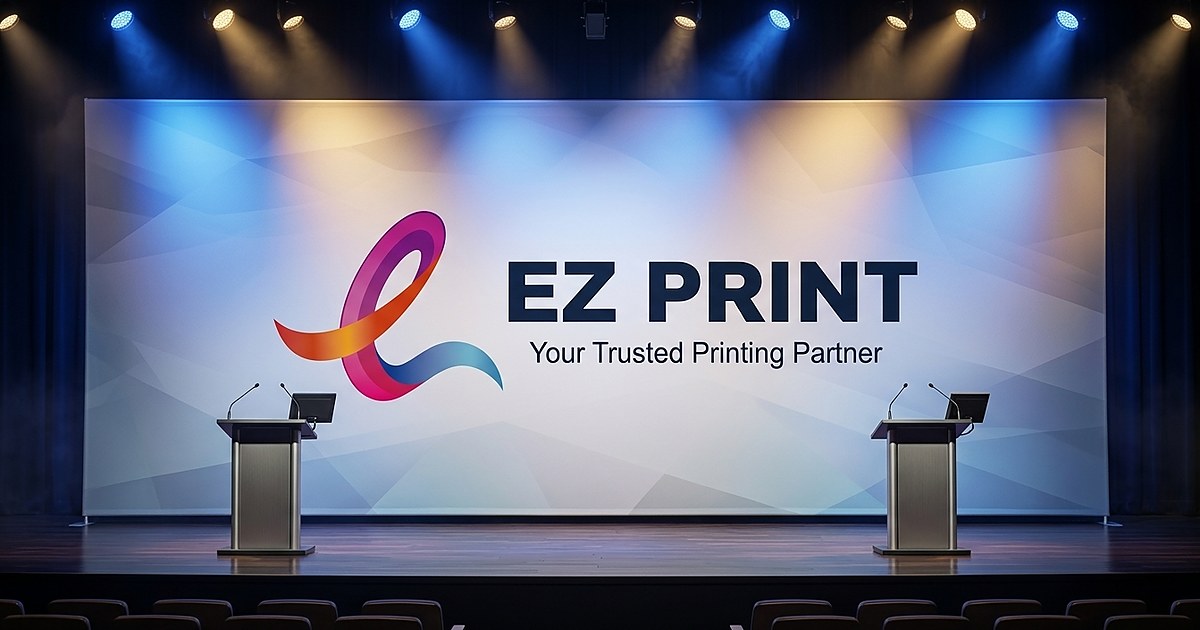 Photograph of two blank roll-up banner stands and a white presentation counter in an empty function foyer.
