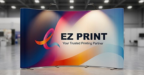 Illustrative pair of roll-up banner stands with printed display panels.