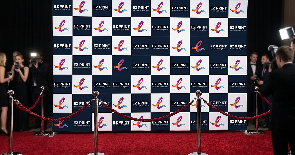 Photograph of three blank framed fabric display panels and a banner stand under spotlights in an empty convention foyer.