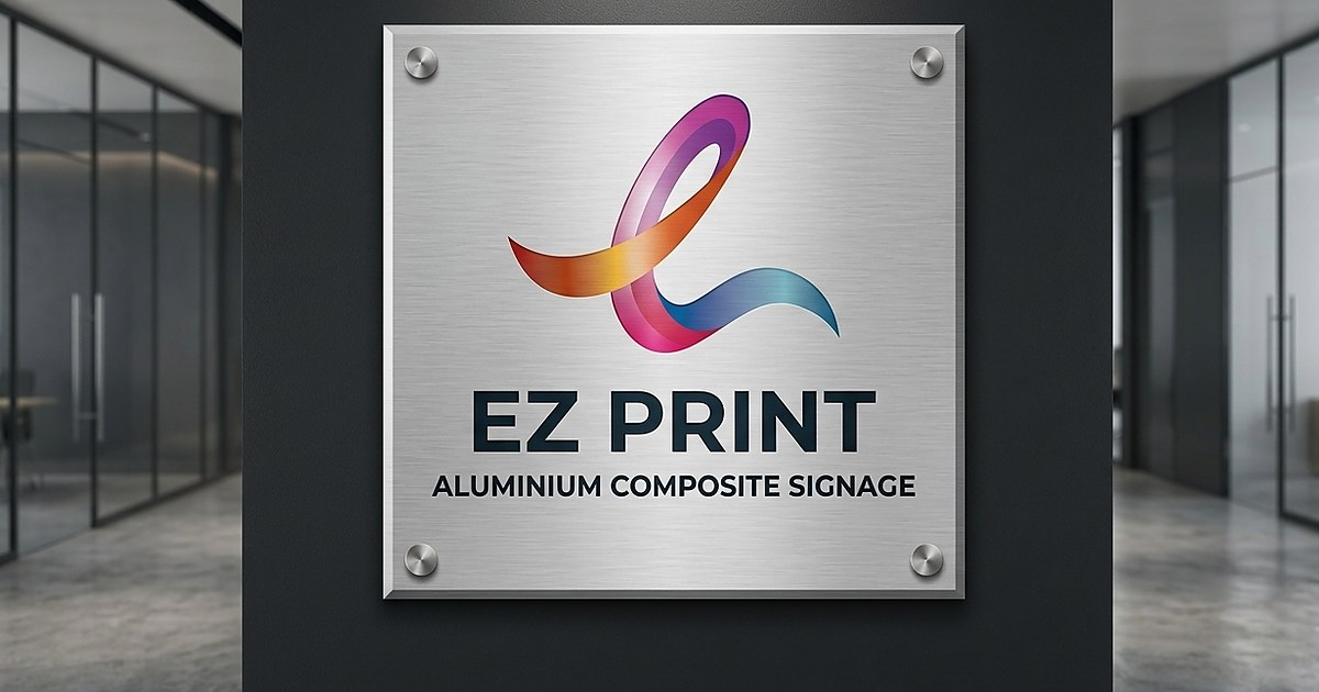 Illustrative navy sign panel in a fictional lobby setting. Topic example for foam board printing; exact options are confirmed by enquiry.