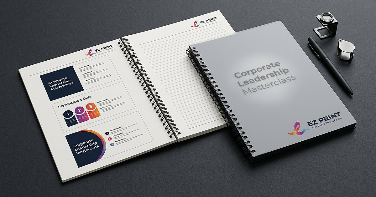 Illustration of an open booklet with ruled note lines beside a mug and glasses.