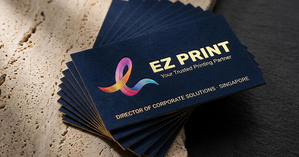 Printed sample of 310gsm matte laminated corporate name cards in brushed brass holder.