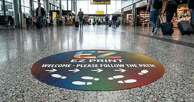 A slip-resistant printed commercial floor graphic decal.