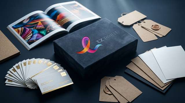 Luxury bespoke commercial print showcase with gilded business cards, open lookbook, and embossed presentation box.