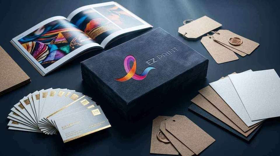 Luxury bespoke commercial print showcase with gilded business cards, open lookbook, and embossed presentation box.