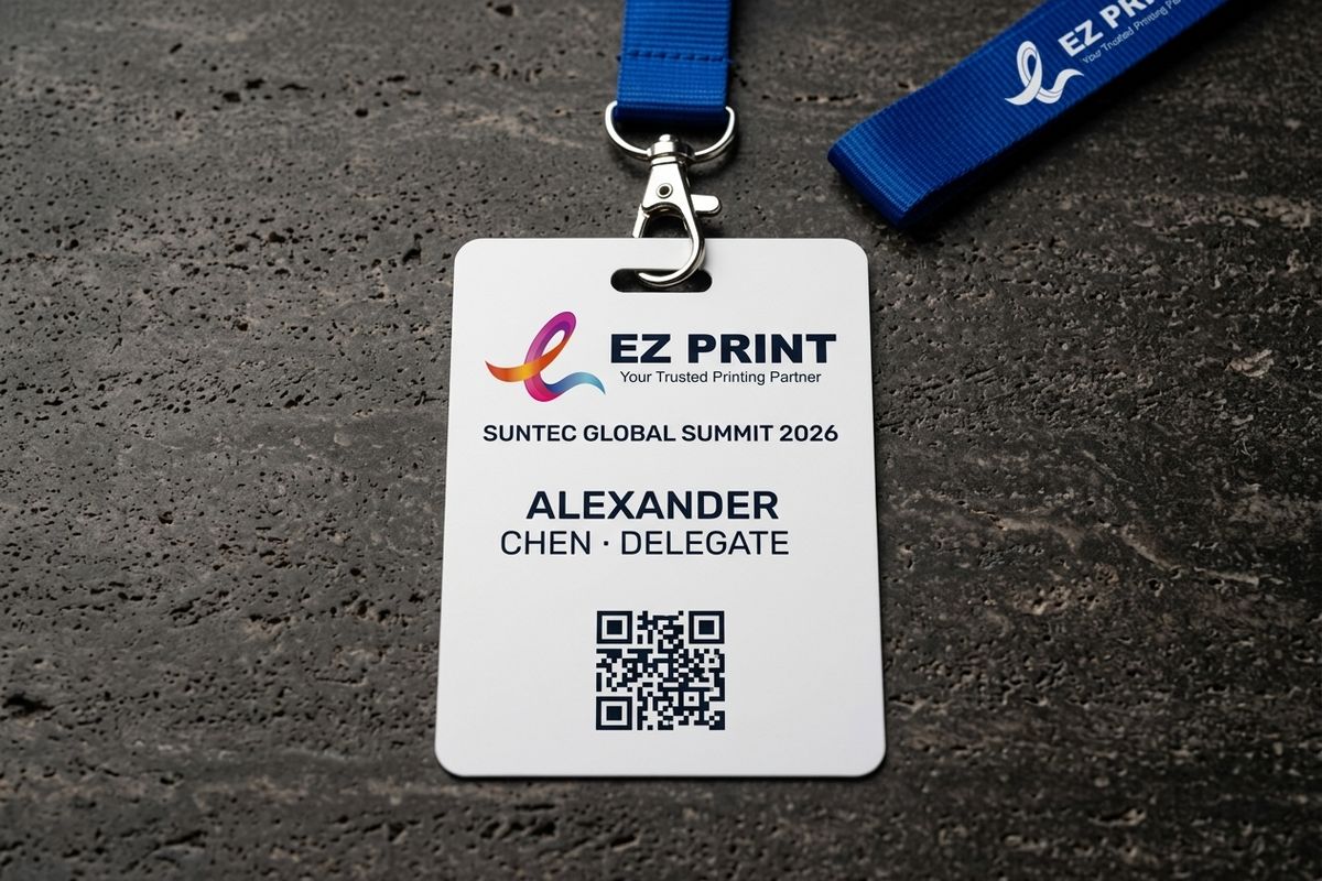 350gsm Laminated Attendee Badge Cards with Oval Slot Punch and Royal Blue Lanyard