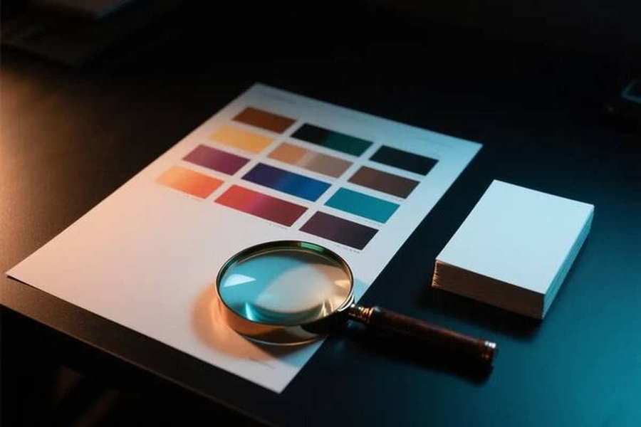 A printed colour chart of tint patches with a magnifying glass resting on it, beside a stack of blank white cards.