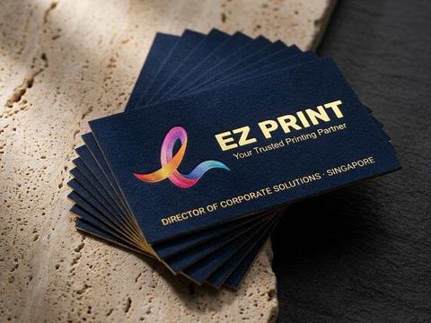 A stack of ultra-thick midnight-navy business cards with 24K gold foil debossed with the EZ Print ribbon mark and gilded edges on travertine stone.