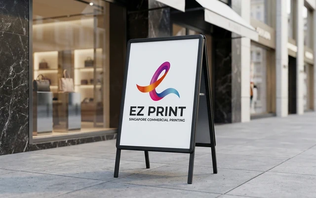 Double-sided pavement A-frame signs with snap frame poster holders, with the EZ Print logo.
