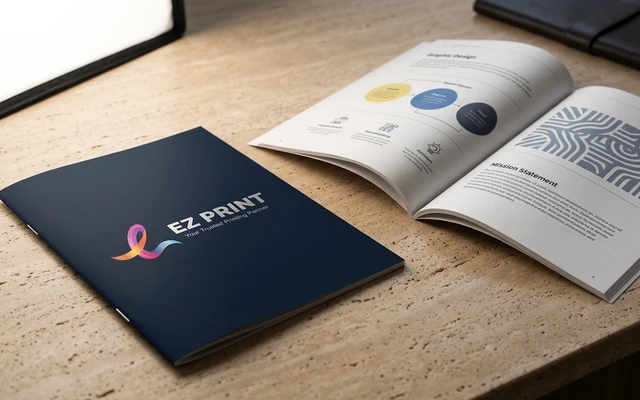 Saddle-stitched booklets with crisp cover and page spread, with the EZ Print logo.