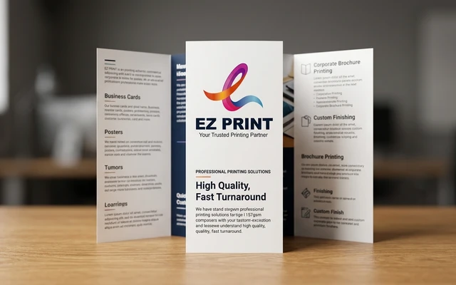 Folded brochures showing clean panels and folds, with the EZ Print logo.
