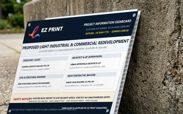 Construction signboards with project title and statutory notices, with the EZ Print logo.