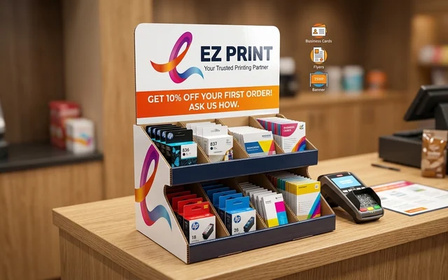 Cardboard countertop displays with stepped tiered product compartments, with the EZ Print logo.