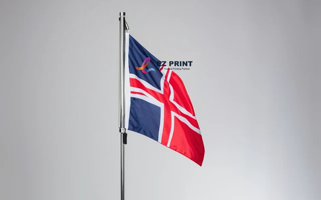 Custom flags on aluminium pole with vibrant printed fabric, with the EZ Print logo.