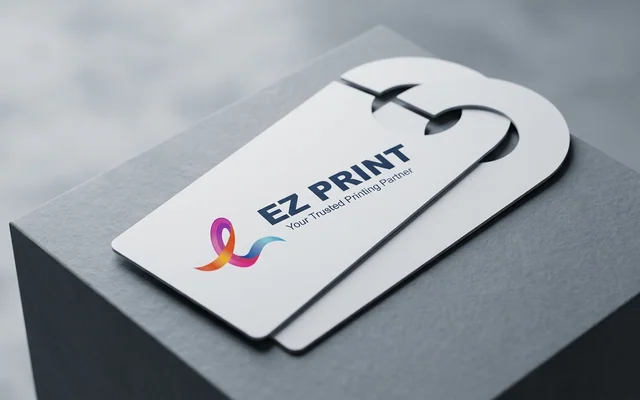 Die-cut door hangers with custom door knob slot, with the EZ Print logo.