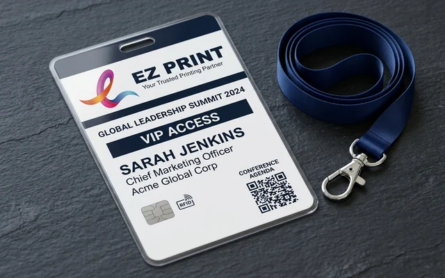 Laminated event passes with lanyard punch slot, with the EZ Print logo.