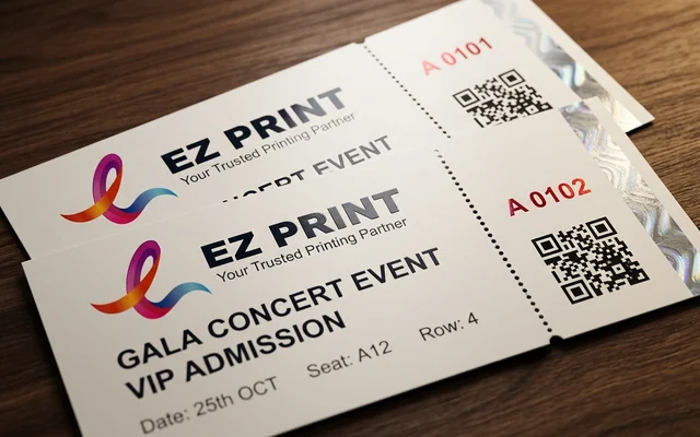 Perforated event tickets with numbered sequential audit stubs, with the EZ Print logo.