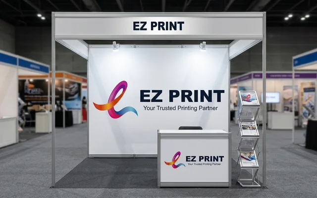 Modular exhibition booth display walls and branded counter graphics, with the EZ Print logo.