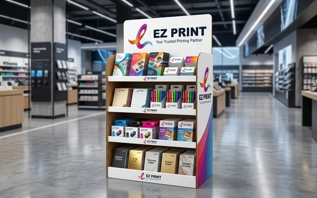 Freestanding corrugated floor display stands with multi-tier shelving, with the EZ Print logo.