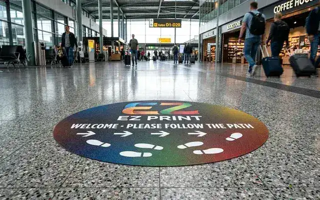Slip-resistant floor stickers applied to retail walkway flooring, with the EZ Print logo.